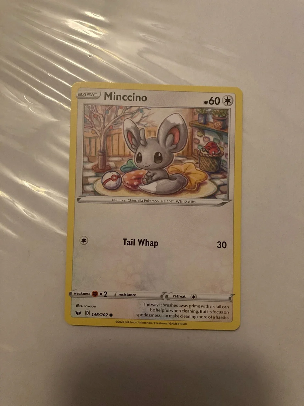 Pokemon Minccino Trading Card - Yellow Border, Gray Character, White Background